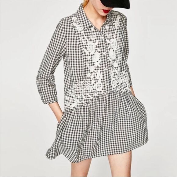 Zara Checkered and Floral Embroidery Mini Dress - Picture 1 of 8